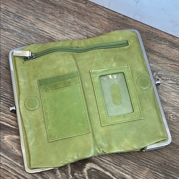 Hobo Lauren Clutch Wallet Leather Double Frame Dark Citron Moss Green Magnetic - Picture 3 of 16